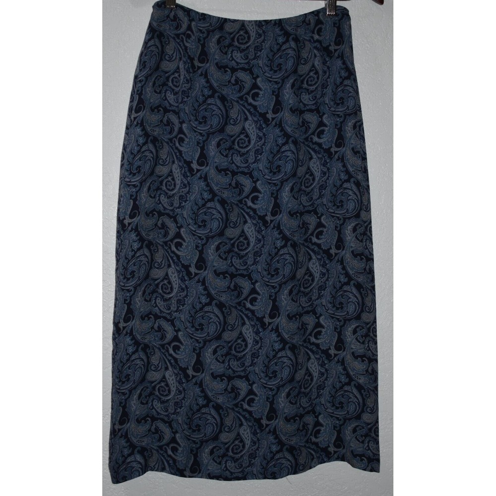 Petite Sophisticate SILK Skirt Sz 8 Blue Paisley 100% SILK hidden Zip Long Lined